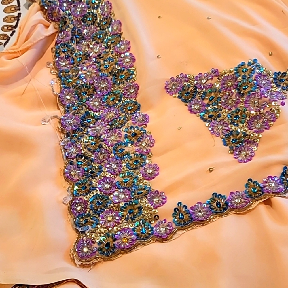 Peach color sari with beautiful embroidery all throughout the edge. Small blouse